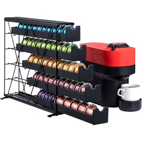 ZCDCP Black Metal 4 Tier Coffee Pod Holder, Nespresso Coffee Pod Holder Vt Pod Wall Mountable Storage Drawer, for Vtline Capsule Coffee Machine (40 Pods Capacity)