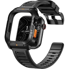 Compatible with Apple Watch SE2/SE/6/5/4 Bands Case 44mm for Men - Soft Breathable Strap with Rugged Military Bumper Heavy Duty Protective Cover Accessories for iWatch Men 44mm - Black