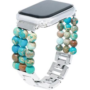 LuReen Adjustable Stone Beaded Bracelet Compatible with Apple Watch Band 38mm 40mm 41mm 42mm 44mm 45mm 46mm 49mm, Stylish Metal Link Watch Strap for iWatch Ultra SE Series 10 9 8 7 6 5 4 3 2 1 Women