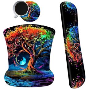 Ergonomic Mouse Pad with Wrist Support Gel Mouse Pads and Upgrade Keyboard Wrist Rest Pad Set, Coasters Non-Slip PU Base Mouse Mat for Office Gaming Computer Laptop Home, Colored Trees