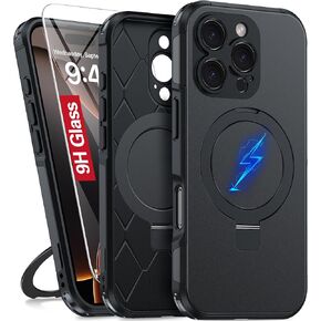 Oneagle Magnetic Stand for iPhone 16 Pro Case with 9H Screen Protector [Fit for MagSafe][Dual Layer][Invisible Metal Kickstand] Heavy Duty 12FT Military Shockproof Phone case for 16 Pro Black