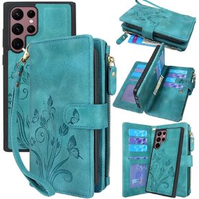 Lacass for Samsung Galaxy S22 Ultra Case [12 Card Slots] ID Credit Cash Holder Zipper Pocket Detachable Magnet Leather Wallet Cover Wrist Strap Lanyard (Floral Wine Red)