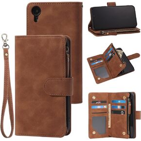 RANYOK Wallet Case Compatible with iPhone XR (6.1 inches), Premium PU Leather Zipper Flip Folio RFID Blocking Wallet with Wrist Strap Magnetic Clasp Kickstand Protective Case for iPhone XR -Brown