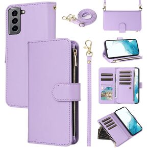 Wallet Case for Samsung Galaxy S21 FE 5G Wrist Strap Crossbody Shoulder Strap Zipper Purse Card Holder Slots Protector Stand Phone Cover S 21 EF S21FE5G UW S21FE 21S G5 6.4 inch Girls Purple