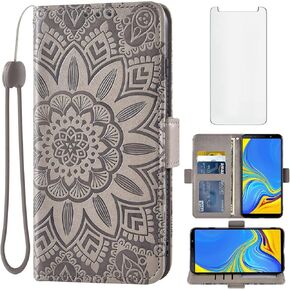 Asuwish Phone Case for Samsung Galaxy A7 2018 with Tempered Glass Screen Protector and Flower Leather Wallet Flip Cover Credit Card Holder Cell Accessories Glaxay A750 Gaxaly A750G Boys Women Men Grey