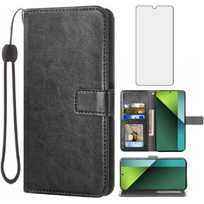 Asuwish Compatible with Xiaomi Redmi Note 13 Pro 5G Wallet Case Tempered Glass Screen Protector and Leather Flip Cover Card Holder Stand Cell Accessories Phone Cases for Note13Pro G5 Women Men Black