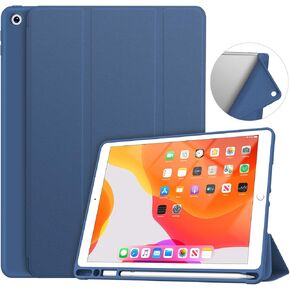 Soke Case Compatible for iPad 7th/8th/9th Generation 10.2 inch (2019/2020/2021 Releases) with Pencil Holder, Lightweight Smart Cover with Soft TPU Back,Auto Sleep/Wake(Dark Blue)