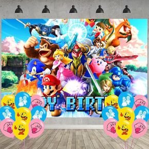 Super Bros Birthday Party Decoration,Smash Bros Party Photo Background 5 x 3 FT and 18 Pcs Balloon,Bros Merch Party Backdrop Supplies