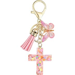 Cross Keychain Cute for Girls Women, Teen Girl Sister Gifts Pink Purple Golden, Butterfly Pendant Key Ring Chain
