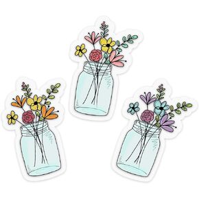 3PCs Flower Jars Clear Sticker, Wildflowers Water Bottle Stickers, Colorful Cute Floral Waterproof Transparent Vinyl Stickers for Laptop Phone Case Tumbler Notebook, Plant Die-Cut Decals (3 Inches)