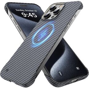 Magnetic Ultra-Thin Frosted Soft Touch Skin Borderless Carbon Fiber Bump Texture for iPhone 15 Pro Frameless Case 6.1" Slim Minimalist Lightweight Matte Hard for MagSafe Cover Case-Black