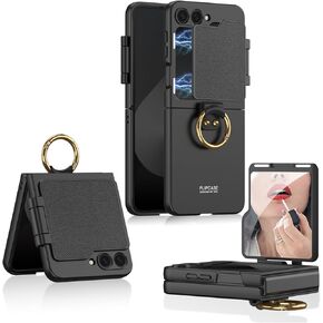 for Samsung Galaxy Z Flip 6 Case with Flip Mirror & Ring Stand, Wireless Charging Cover Drop-Proof Shockproof Shell for Samsung Z Flip 6 (Black)