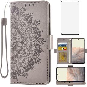 Asuwish Compatible with Google Pixel 6 Pro Wallet Case Tempered Glass Screen Protector Card Holder Flip Wrist Strap Stand Cell Phone Cover for Pixel6Pro Pixel6 XL 6XL Pixle 6Pro 5G Men Grey