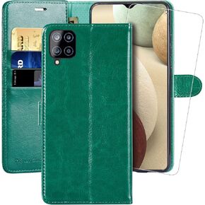 MONASAY Wallet Case Compatible for Galaxy A12 5G, [Included Glass Screen Protector][RFID Blocking] Flip Folio Leather Cell Phone Cover with Credit Card Holder, Green