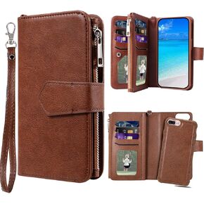 2 in 1 Magnetic Detachable Shockproof Case, Flip Folio PU Leather Cover with Card Slot for iPhone 7 Plus/8 Plus, Brown