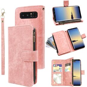 Compatible with Samsung Galaxy Note 8 Wallet Case and Premium Vintage Leather Flip Credit Card Holder Stand Cell Accessories Phone Cover for Glaxay Note8 Not S8 Galaxies Gaxaly Women Men Pink