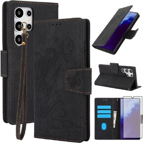 Asuwish Phone Case for Samsung Galaxy S24 Ultra 5G Wallet Cover with Tempered Glass Screen Protector Flip Wrist Strap Credit Card Holder Slot Stand Cell S24Ultra 24S S 24 24Ultra Women Men Black
