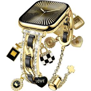 XYF Stylish Compatible with Women Apple Watch Bands 41mm 40mm 38mm 42mm, Bling Pendants Charms Bracelet for iWatch Series 10 9 8 7 6 5 4 3 2 1 SE Ultra（Gold/Black,42/41/40/38）