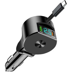Retractable Car Charger 3 in 1, PD 30W USB C Car Charger Adapter Super Fast Charging, Type C Car Charger with LED Voltmeter Compatible for iPhone 16/15/14/13/12/11, Galaxy, Samsung