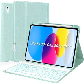 OYEEICE for iPad 10th Generation Case with Keyboard 10.9 Inch - 7 Color Backlit Wireless Detachable Folio Keyboard Cover with Pencil Holder for New iPad 10th Gen 2022 - Green