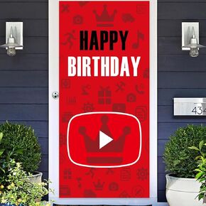 Play Social Media Red and Black Happy Birthday Banner Backdrop Music Film Movie Theater Cinema Play Pattern Theme Decorations Decor for 1st Birthday Party Baby Shower Supplies Favors Background Photo