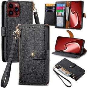Cases for iPhone 15 Pro Wallet Case for Women with Card Holder Retro Zipper Wallet Cute Heart PU Leather Protective Cover with Detachable Lanyard for Apple iPhone 15 Pro 6.1" Black