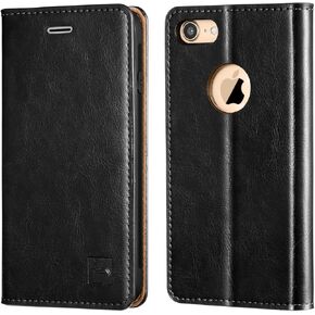 Belemay Compatible with iPhone 8 Wallet Case, Compatible with iPhone 8 Case, [Genuine Cowhide Leather Case] [RFID Blocking] Card Holder Slots Folio Book Flip Cover with Kickstand, Cash Pocket, Black