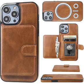 Bocasal Wallet Case for iPhone 14 Pro Max Compatible with MagSafe Magnetic RFID Blocking Detachable Premium PU Leather Flip Case with Card Slots Holder Kickstand Wireless Charging 6.7 Inch (Brown)