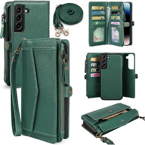 for Samsung Galaxy A55 5G Wallet Case for Women, Support Wireless Charging with RFID Blocking Card Holder, PU Leather Wallet Detachable Magnetic Phone Case Crossbody Strap, Blackish Green