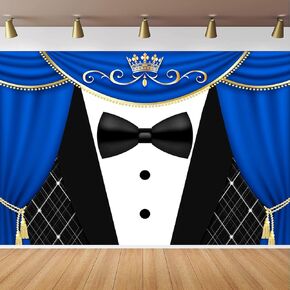 Tuxedo Backdrop for boss Baby Birthday Decorations, Baby boss Backdrop Blue Curtain Crown Gentleman Background for Photography, Gentleman Birthday Party Banner Supplies 8x6ft