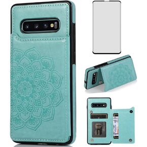 Asuwish Compatible with Samsung Galaxy S10 Case and Tempered Glass Screen Protector Accessories Card Holder Slot Kickstand Wallet Flip Phone Covers for Glaxay S 10 Edge Gaxaly 10S GS10 X10 Green