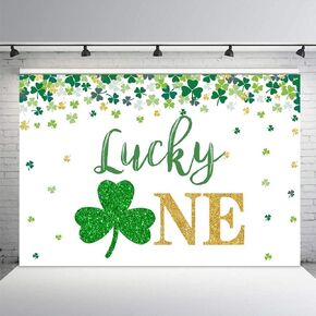 MEHOFOND 7x5ft St. Patrick's Day Happy First Birthday Party Decorations Photo Backdrop Lucky One Banner Green and Gold Shamrock Irish Supplies Spring March Photography Background Props for Cake Smash