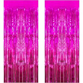 Pink Foil Fringe Curtain, 2Pcs 3.28x 8.2ft Tinsel Door Streamers Pink Fringe Backdrop for Birthday Bachelorette Disco Tropical Flamingo Party