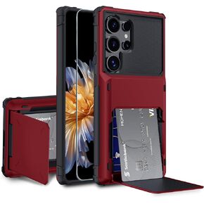 Compatible with Samsung Galaxy S25 Ultra 5G Case Built-in Card Holder[Store 5 Cards]+Screen Protector,RFID Protection,Dual Layer TPU Heavy Duty Shockproof Phone Case,2025 Red