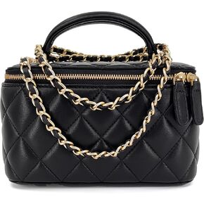 Small Genuine Leather Purse Quilted Crossbody Bag for Women, Mini Top-Handle Shoulder Handbag w/Gold Chain Strap