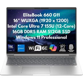 EliteBook 660 G11 AI Enhanced Business Laptop, 16" WUXGA (1920x1200), Intel 12-Core Ultra 7 155U, 16GB DDR5 RAM, 512GB PCIe SSD, Fingerprint Reader, Ethernet, WiFi 6E, IR Cam, Copilot Windows 11 Pro