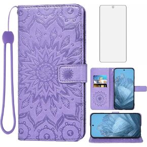 Phone Case for Google Pixel 9 Pro XL 6.8" 2024 Wallet with Tempered Glass Screen Protector Sunflower Leather Slim Flip Cover Card Holder Stand Cell Accessories Pixel9 9Pro 9ProXL Nine Women Purple