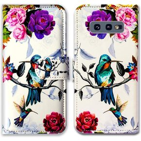 Case for Galaxy S10e, Hummingbird in Flowers Leather Flip Wallet Case Cover with Card Slot Holder Kickstand for Samsung Galaxy S10e