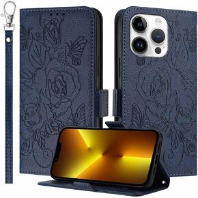 JanCalm for iPhone 13 Pro Case Wallet, RFID Blocking, Card Cash Slots, Wrist Strap, Floral Butterfly Cute Pattern, Leather Protective Stand Flip Cases Cover (Black)