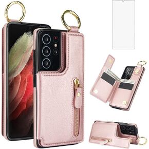 Asuwish Phone Case for Samsung Galaxy S22 Ultra 5G Wallet with Tempered Glass Screen Protector Cover and Cell Stand Zipper Cash Card Holder Slot Ring S22ultra 22S S 22 S22ultra5g 6.8 Women Rose Gold