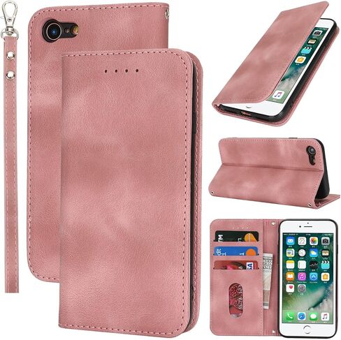 Jaorty for iPhone SE 3rd 2022/SE 2nd 2020 Phone Case Wallet with Wrist Strap,Wallet Case for iPhone 8/7 with Card Holder for Women,Cash Pocket PU Leather Magnetic with Kickstand,4.7" Matte Rose Gold in Kuwait