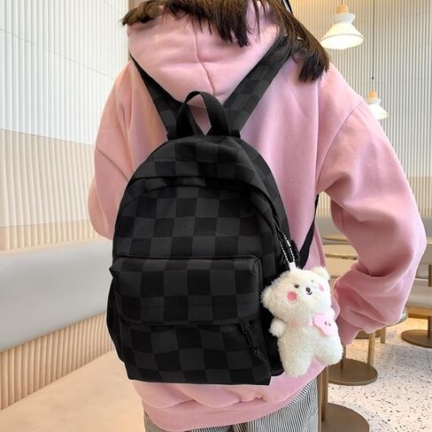 Selena Small Cosmetic Bag Checkerboard Mini Daypack with Accessories Kawaii Aesthetic Cute Backpack (with Accessories,Beige) in Saudi Arabia