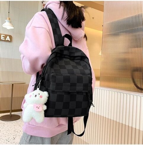 Selena Small Cosmetic Bag Checkerboard Mini Daypack with Accessories Kawaii Aesthetic Cute Backpack (with Accessories,Beige) in Saudi Arabia