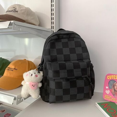 Selena Small Cosmetic Bag Checkerboard Mini Daypack with Accessories Kawaii Aesthetic Cute Backpack (with Accessories,Beige) in Saudi Arabia