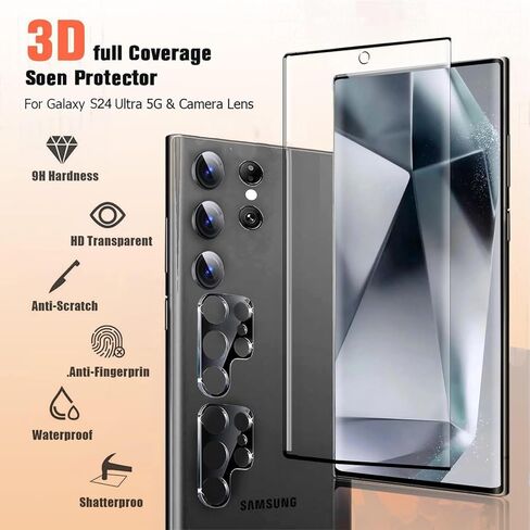 [2+2 Pack] بالنسبة إلى Samsung Galaxy S24 Ultra 5G شاشة الحامي ، واقي عدسة الكاميرا الزجاجية ، ودعم البصمات الحساسة ، ودعم البصمات ، و 9 ساعات. in Kuwait