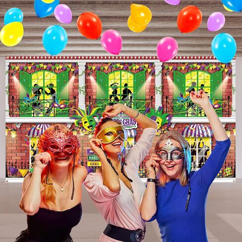 7 × 12 قدمًا من النسيج Mardi Gras خلفية Mardi Gras زخارف الحفلات ، خلفيات تنكر خلفيات Mardi Gras شارع الشرفة الخلفية لافتة الكرنفال Mardi Gras Party Supplies for Masquerade in Kuwait