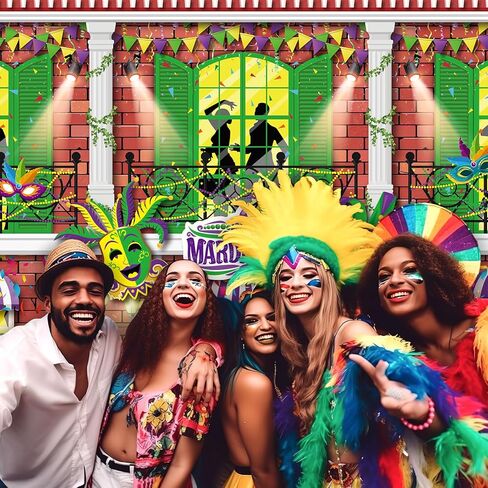 7 × 12 قدمًا من النسيج Mardi Gras خلفية Mardi Gras زخارف الحفلات ، خلفيات تنكر خلفيات Mardi Gras شارع الشرفة الخلفية لافتة الكرنفال Mardi Gras Party Supplies for Masquerade in Kuwait