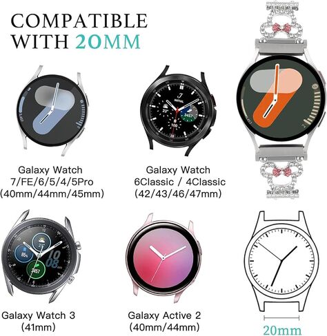 شريط سوار معدني لطيف متوافق مع ساعة Galaxy Watch 7 6 5 4 Fe Band 40mm 44mm/Watch 6 4 Classic/Active 2/Watch 5 Pro Band 45mm Women ، 20mm Bling Diamond Jewelry Metal Strap Harey Fancy Bandband in Kuwait