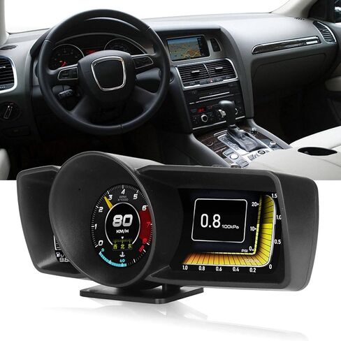 Car Dashboard, OBD2 Gauge HUD + Universal GPS Speedometer 3 LCD Screen Multifunction Digital Speed Meter, Speed KM/H Voltage Oil Temperature Pressure OBDii Faulty Code, for in Kuwait