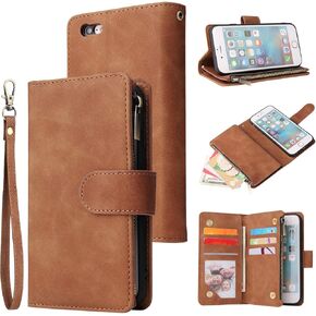 QLTYPRI Wallet Case for iPhone 6 iPhone 6S, Zipper Pocket Premium PU Leather Card Holder Slots with Kickstand and Wrist Strap Magnetic Closure Cover - Brown